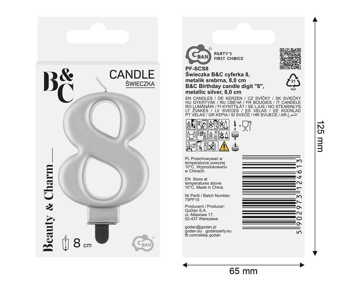 Birthday candle digit 8, metallic silver, 8 cm